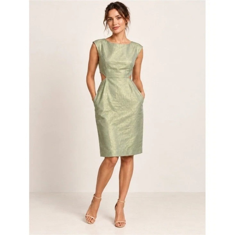Maeve Anthropologie Shimmer Mentha Metallic Cutout Dress Sage Green Size 4